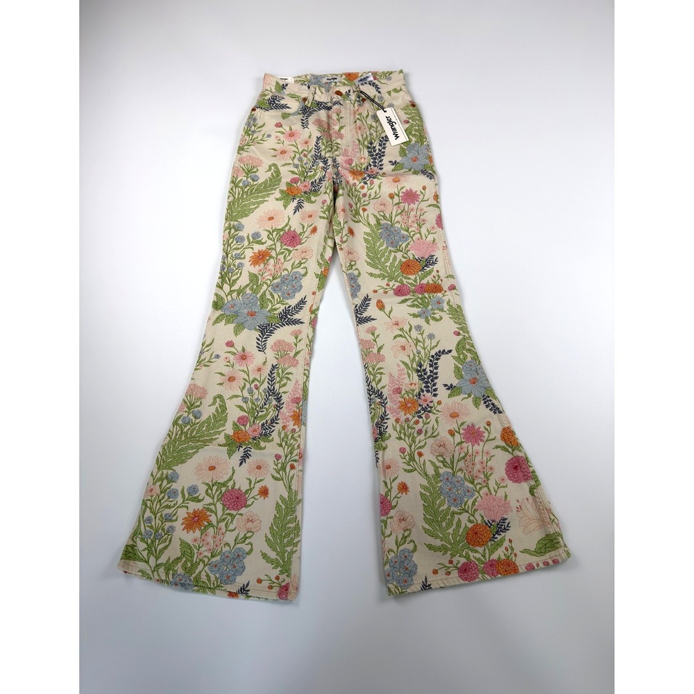 Wrangler Floral Flare Jeans Womens 27 Cream Botanical Print 70s Boho Bell Bottom - Picture 2 of 16